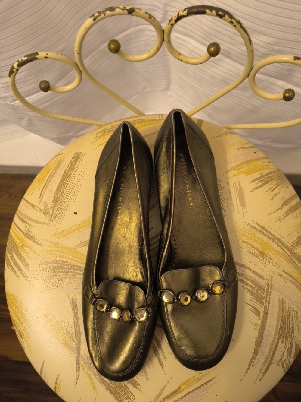 Antonio Melani Black Leather Loafers with Jewel Accent